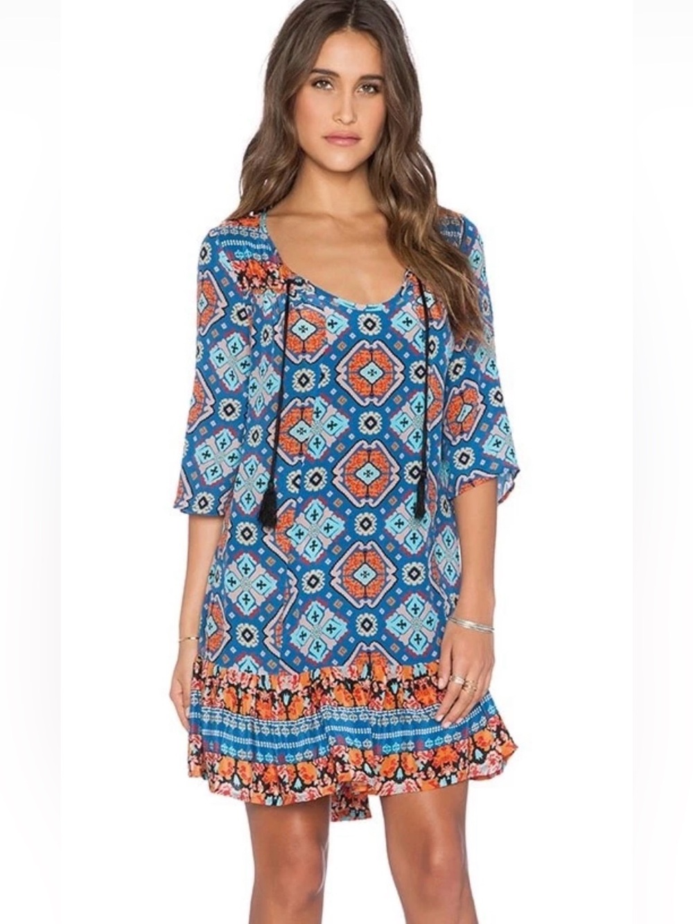 Anthropologie Tolani Silk Boho Tunic Dress Tassel v-Neck SIZE LARGE